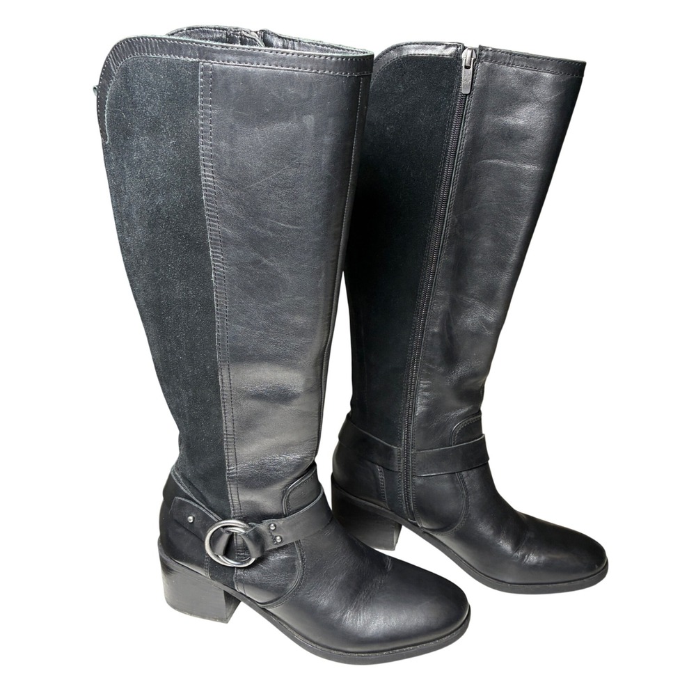 Marc Fisher Black Leather Suede Tall Riding Boots Ring Buckle Women's 9.5